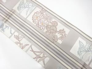 アンティーク　縞に牡丹・菊・南天模様織り出し袋帯（材料）